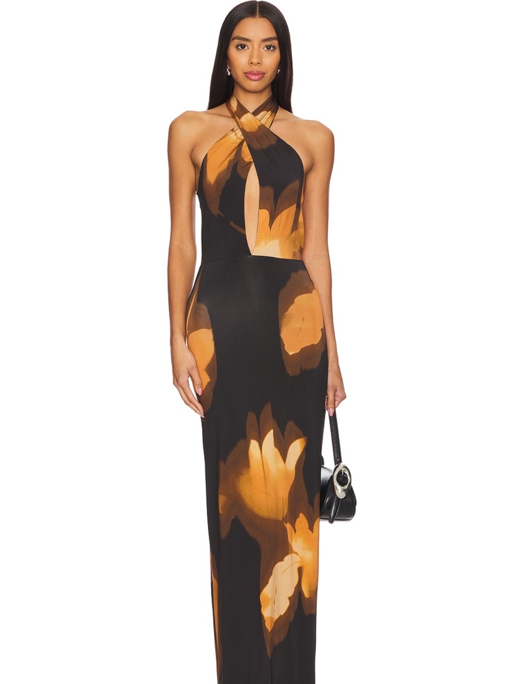AFRM Black and Mustard One-Shoulder Twist Maxi Dress